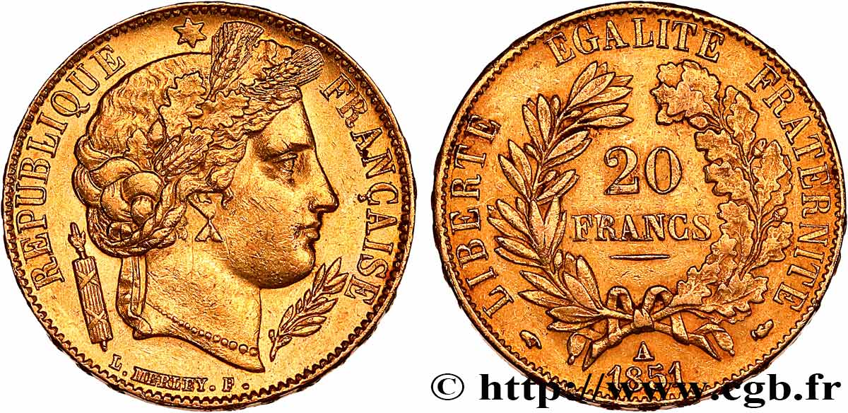 20 francs or Cérès 1851 Paris F.529/4 AU53 