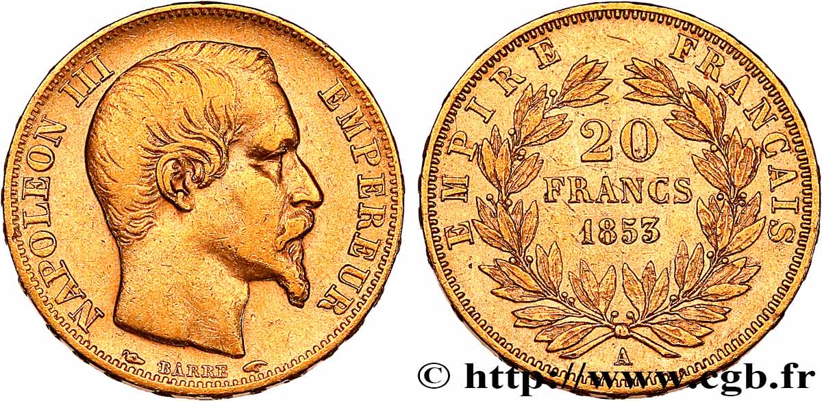 20 francs or Napoléon III, tête nue 1853 Paris F.531/1 XF 