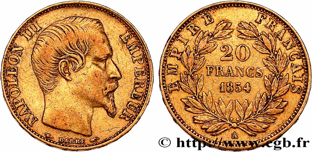 20 francs or Napoléon III, tête nue 1854 Paris F.531/2 XF 