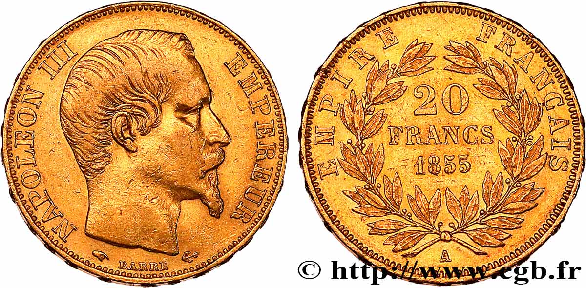 20 francs or Napoléon III, tête nue 1855 Paris F.531/4 MBC 