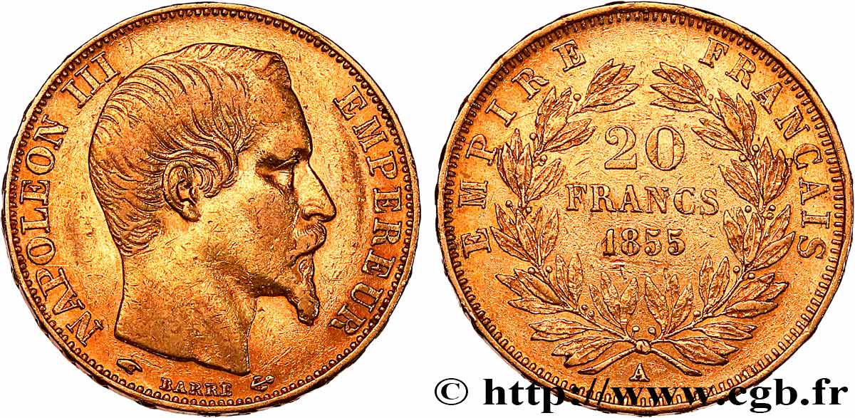 20 francs or Napoléon III, tête nue 1855 Paris F.531/4 XF 