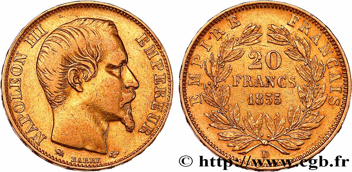 20 francs or Napoléon III, tête nue 1855 Lyon F.531/7 BB 