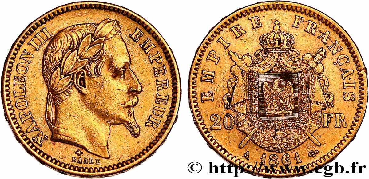 20 francs or Napoléon III, tête laurée 1861 Paris F.532/1 MBC 