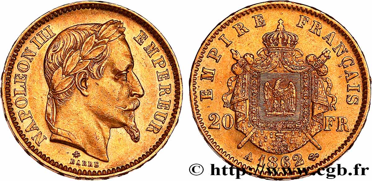 20 francs or Napoléon III, tête laurée 1862 Paris F.532/3 AU 