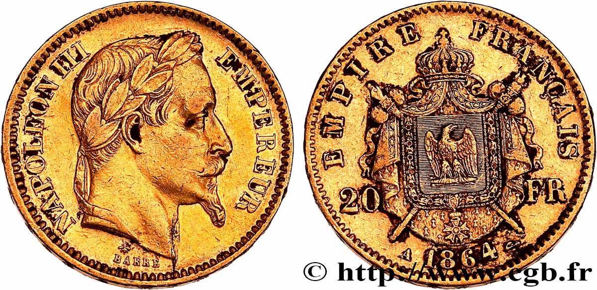 20 francs or Napoléon III, tête laurée 1864 Paris F.532/8 XF 