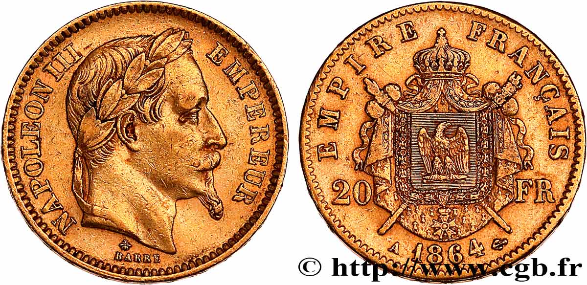 20 francs or Napoléon III, tête laurée 1864 Paris F.532/8 MBC 