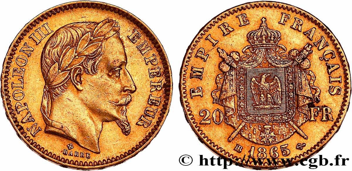 20 francs or Napoléon III, tête laurée 1865 Strasbourg F.532/12 TTB+ 