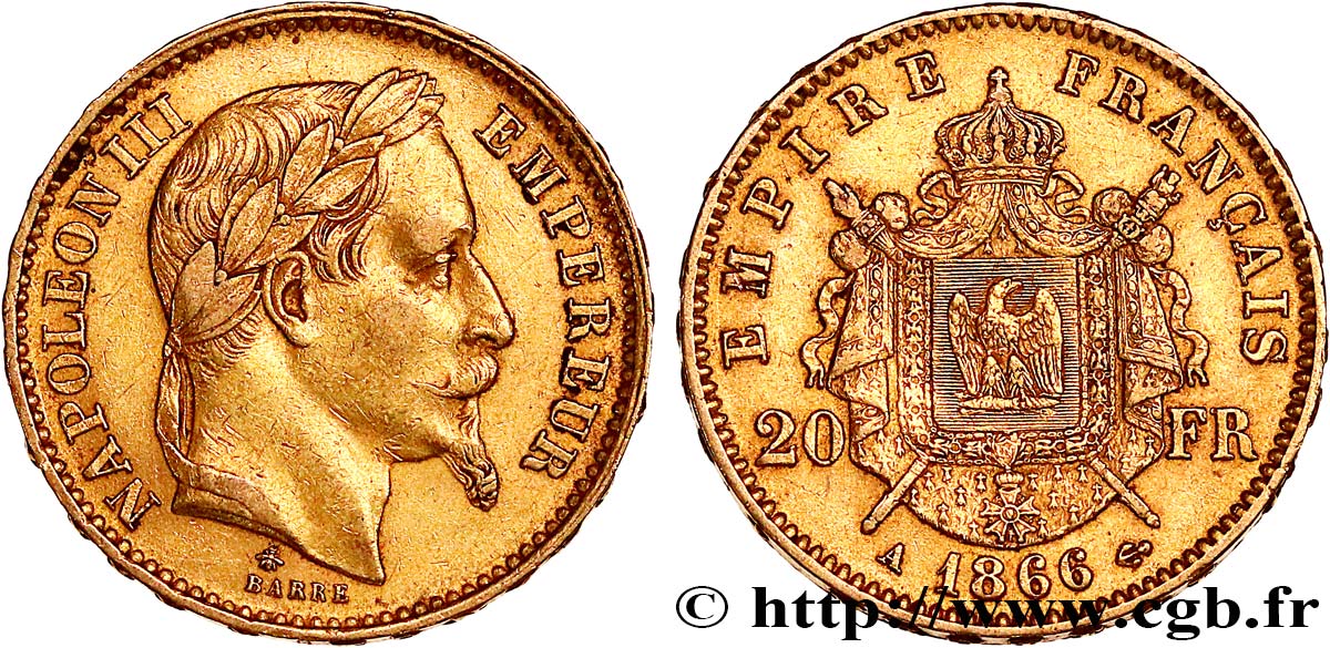 20 francs or Napoléon III, tête laurée 1866 Paris F.532/13 TTB+ 