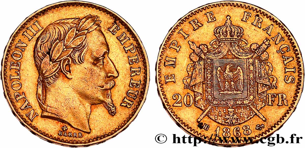 20 francs or Napoléon III, tête laurée 1868 Strasbourg F.532/19 MBC 