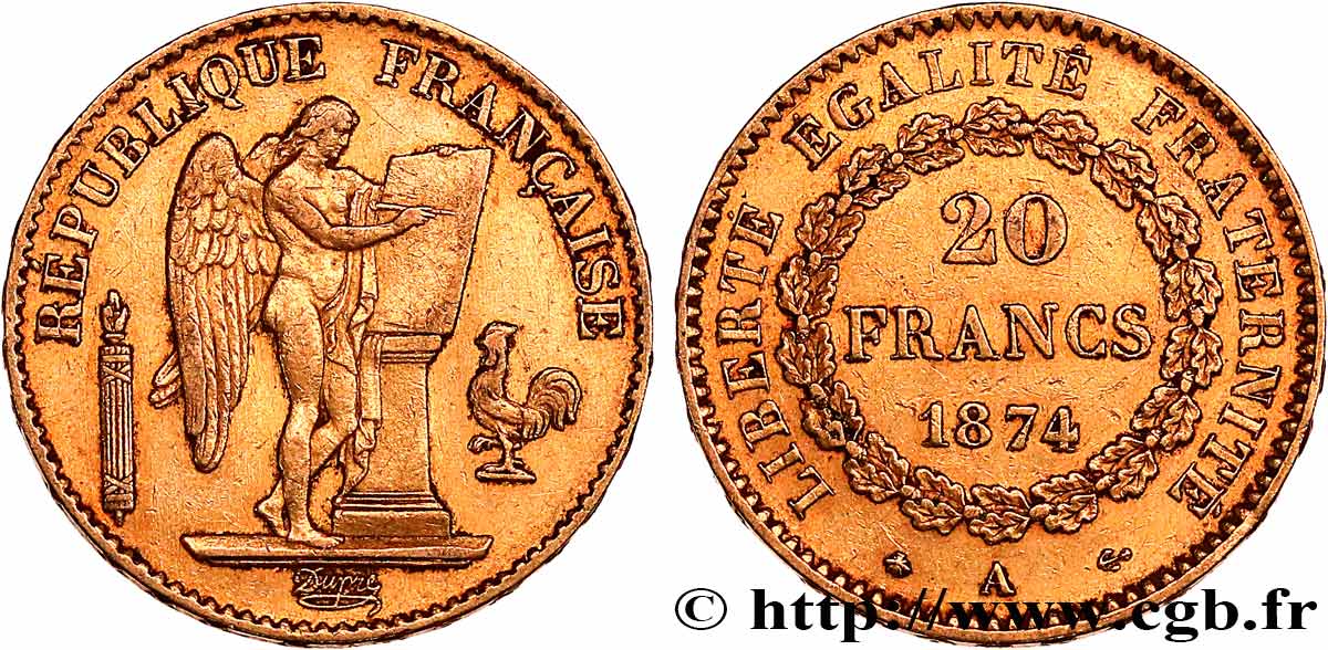 20 francs or Génie, Troisième République 1874 Paris F.533/2 TTB 