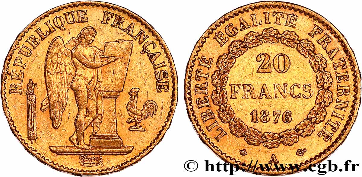 20 francs or Génie, Troisième République 1876 Paris F.533/4 MBC 