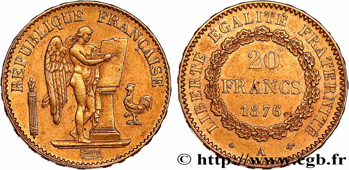 20 francs or Génie, Troisième République 1876 Paris F.533/4 AU 