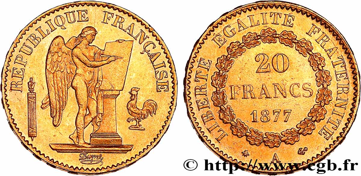 20 francs or Génie, Troisième République 1877 Paris F.533/5 SUP58 