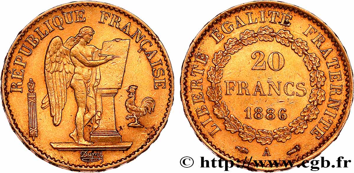 20 francs or Génie, Troisième République 1886 Paris F.533/9 MBC+ 