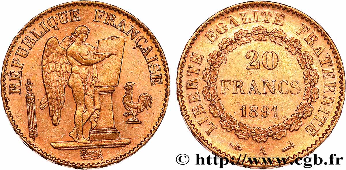 20 francs or Génie, Troisième République 1891 Paris F.533/15 TTB+ 