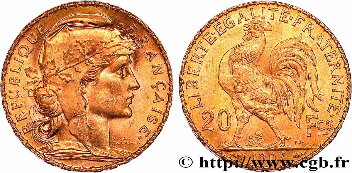 20 francs or Coq, Liberté Égalité Fraternité 1907 Paris F.535/1 MS 