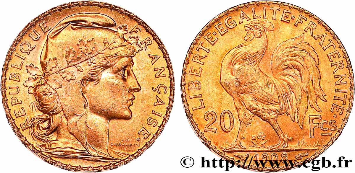 20 francs or Coq, Liberté Égalité Fraternité 1908 Paris F.535/2 MS 