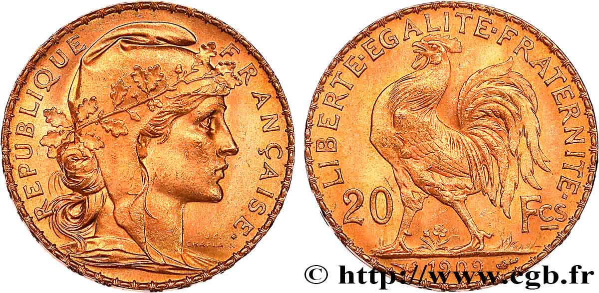 20 francs or Coq, Liberté Égalité Fraternité 1909 Paris F.535/3 MS 