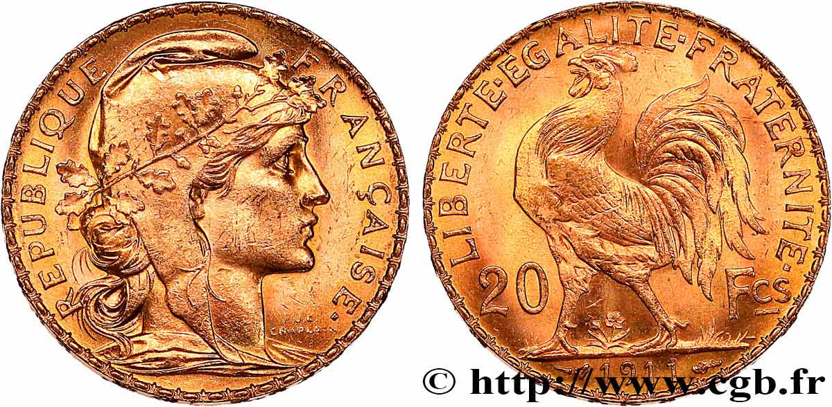 20 francs or Coq, Liberté Égalité Fraternité 1911 Paris F.535/5 MS 