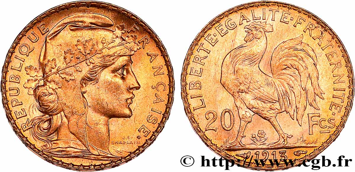20 francs or Coq, Liberté Égalité Fraternité 1913 Paris F.535/7 SUP+ 