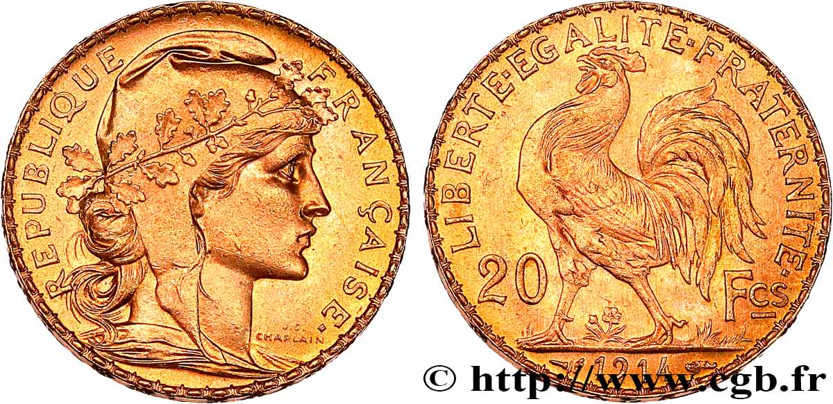 20 francs or Coq, Liberté Égalité Fraternité 1914 Paris F.535/8 MS 