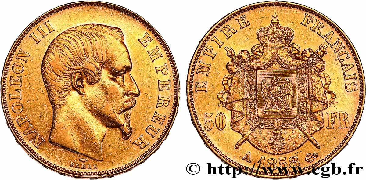 50 francs or Napoléon III, tête nue 1858 Paris F.547/5 MBC+ 