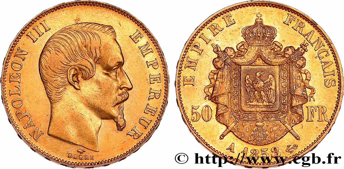 50 francs or Napoléon III, tête nue 1858 Paris F.547/5 q.SPL 