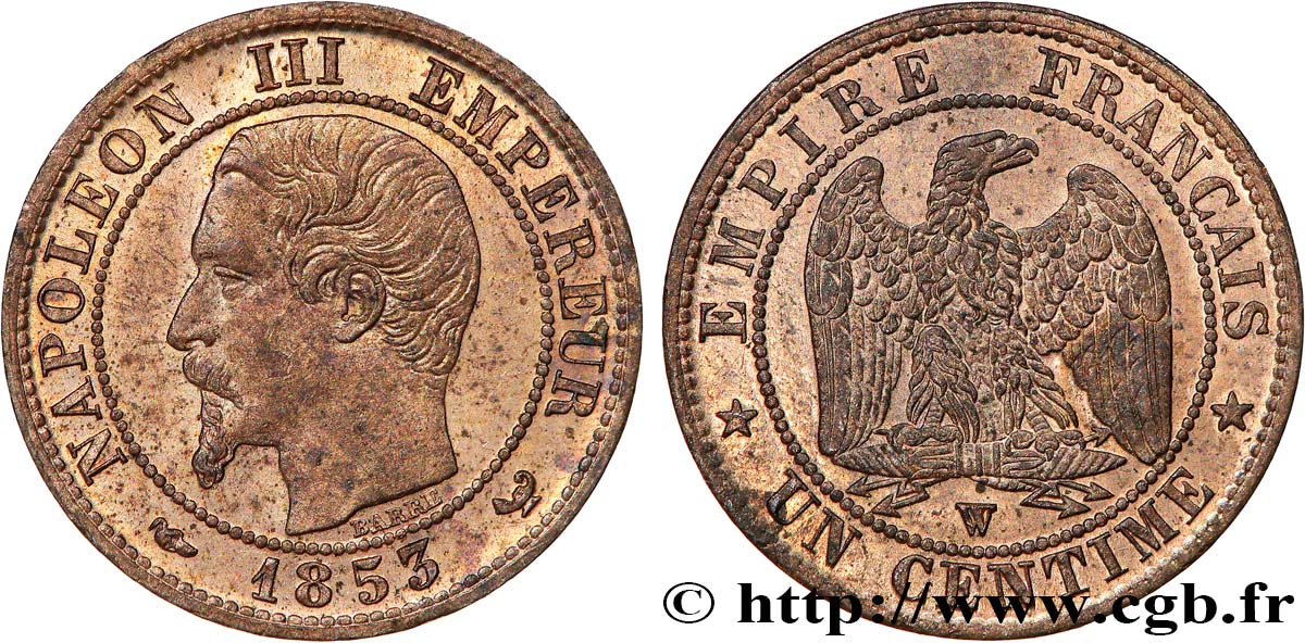 Un centime Napoléon III, tête nue 1853 Lille F.102/8 MS63 
