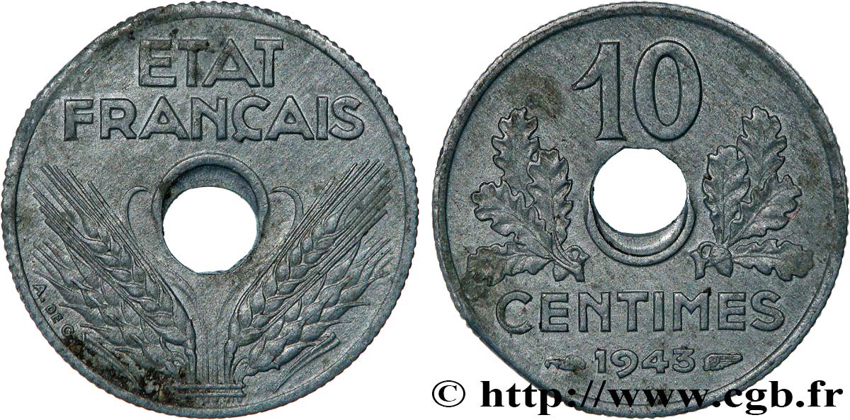 10 centimes État français, petit module, doublement fauté 1943  F.142/2 var. SUP58 