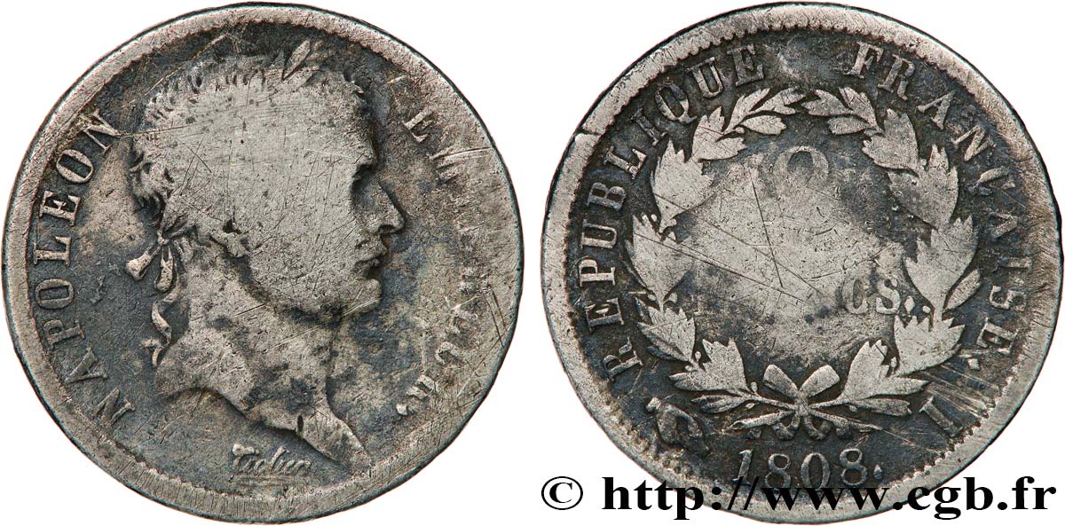2 francs Napoléon Ier tête laurée, République française 1808 Limoges F.254/6 SGE 