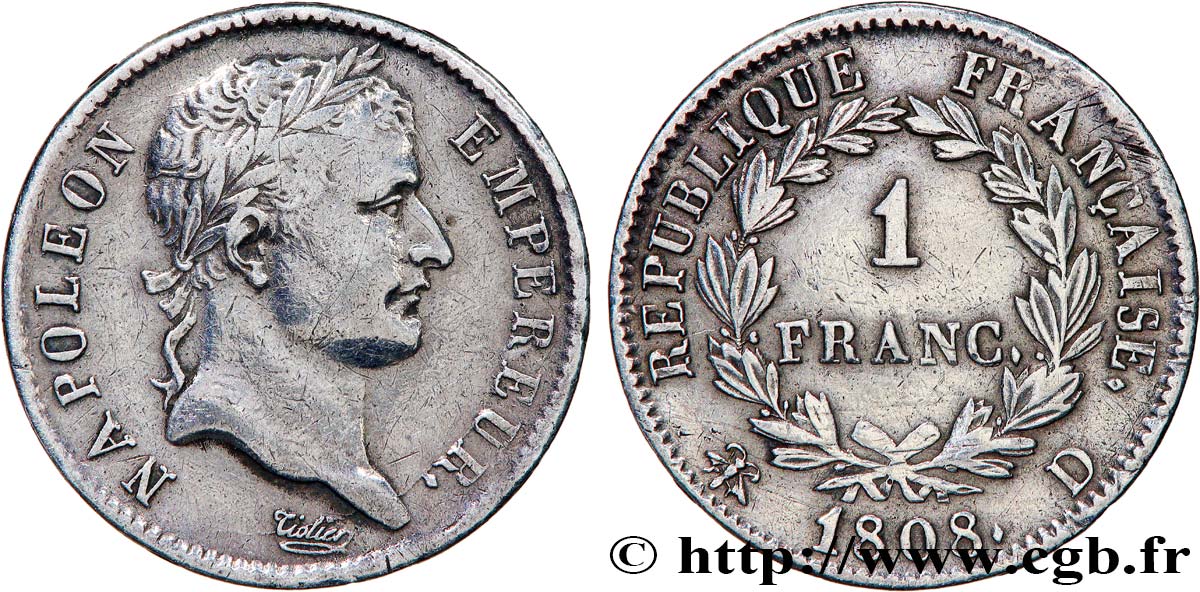 1 franc Napoléon Ier tête laurée, République française 1808 Lyon F.204/5 XF 