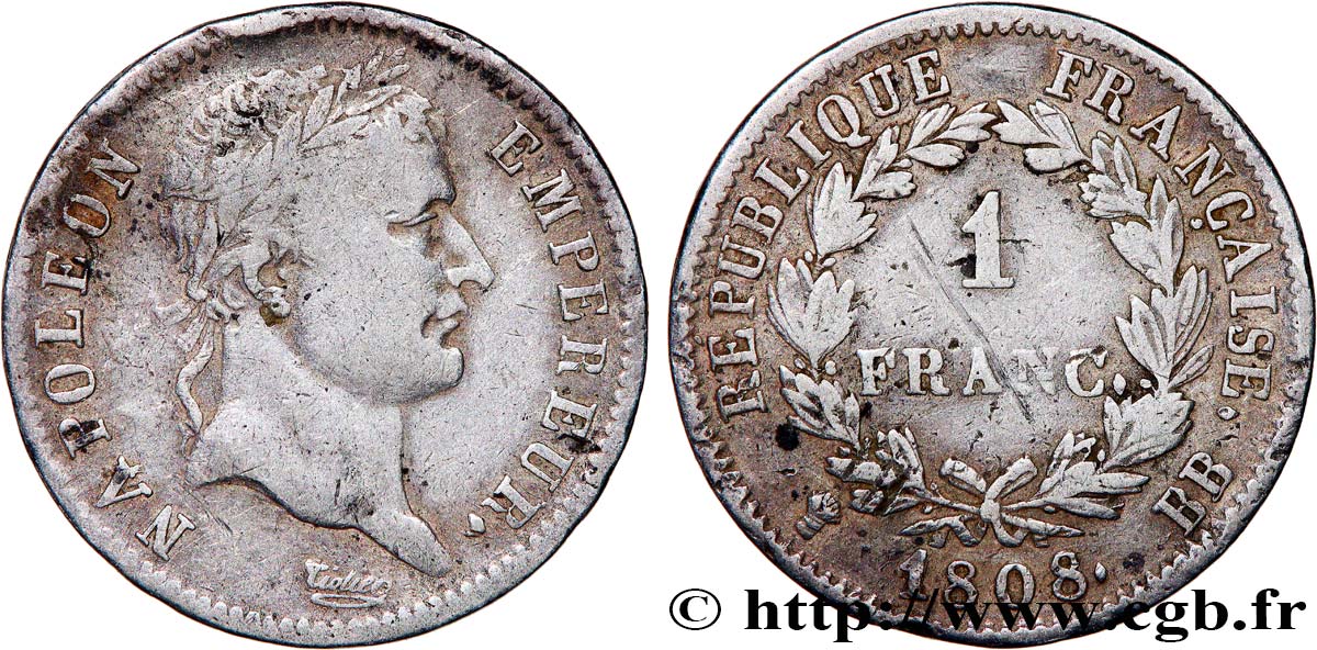 1 franc Napoléon Ier tête laurée, République française 1808 Strasbourg F.204/4 TB 