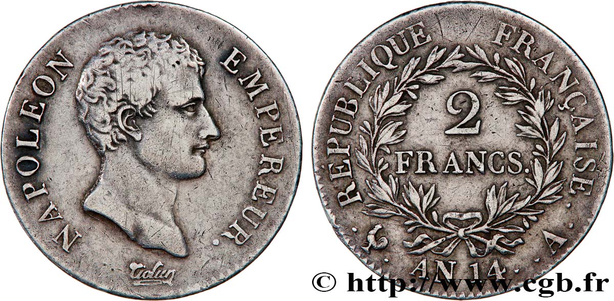 2 francs Napoléon Empereur, Calendrier révolutionnaire 1805 Paris F.251/27 TB+ 
