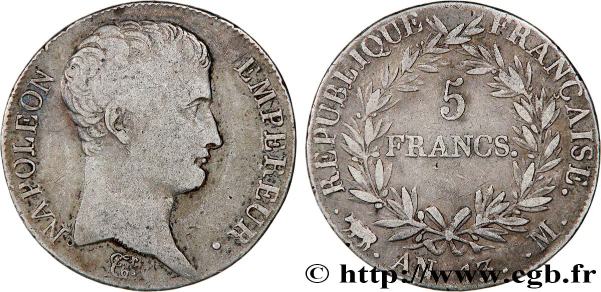 5 francs Napoléon Empereur, Calendrier révolutionnaire 1805 Toulouse F.303/13 TB20 