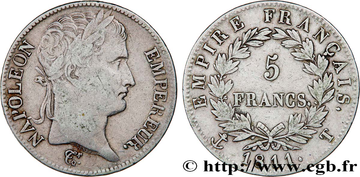 5 francs Napoléon Empereur, Empire français 1811 Nantes F.307/38 MB 