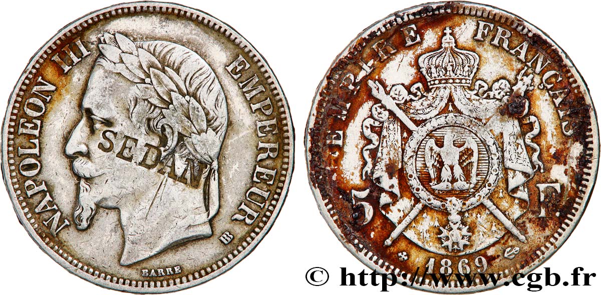 5 francs Napoléon III, tête laurée, contremarqué SEDAN au droit 1869 Strasbourg F.331/15 var. BC 