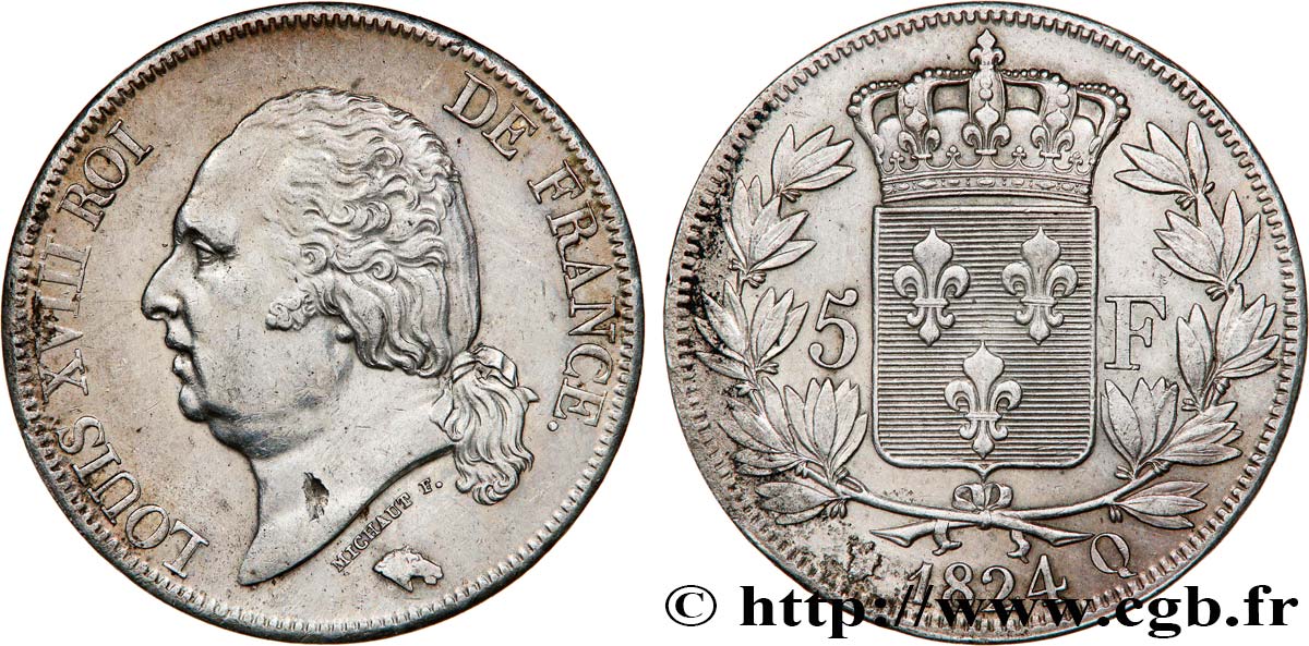 5 francs Louis XVIII, tête nue 1824 Perpignan F.309/97 fVZ 