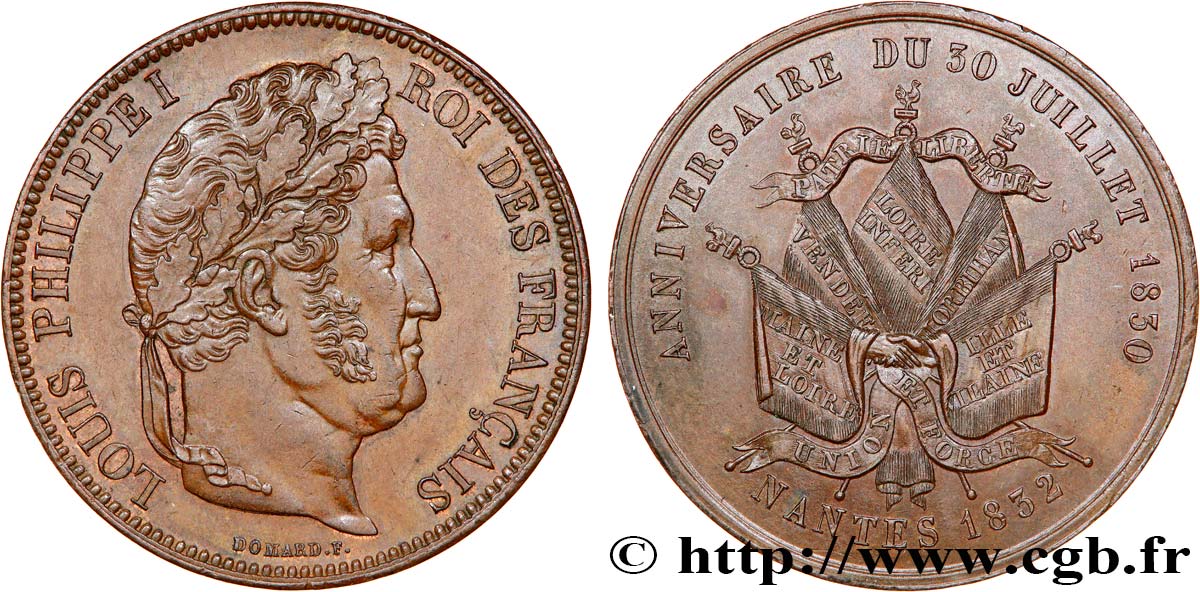 Module de 5 francs en cuivre commémorant l’anniversaire du 30 juillet 1830 1832 Nantes F.324/- var. SPL+ 