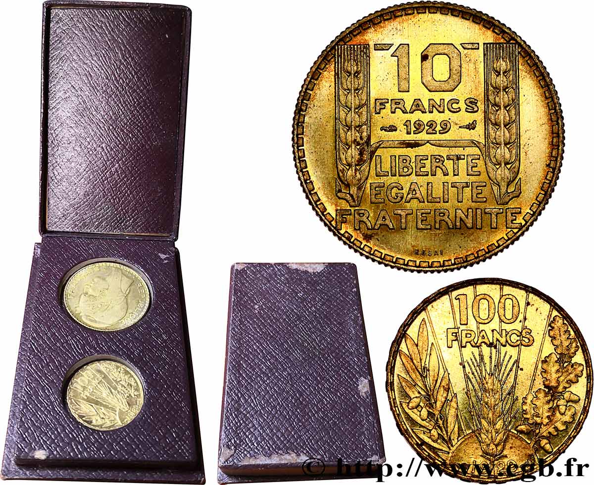 Concours monétaire de 1929, boîte de 2 essais, 100 francs Bazor et 10 francs Turin en bronze-aluminium 1929 Paris GEM.169 3 SUP62 