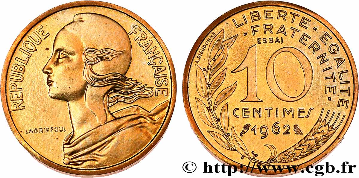 Essai-piéfort de 10 centimes Marianne 1962 Paris GEM.46 EP SC64 