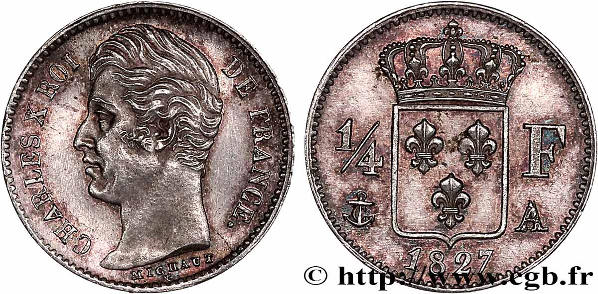 1/4 franc Charles X 1827 Paris F.164/10 EBC58 