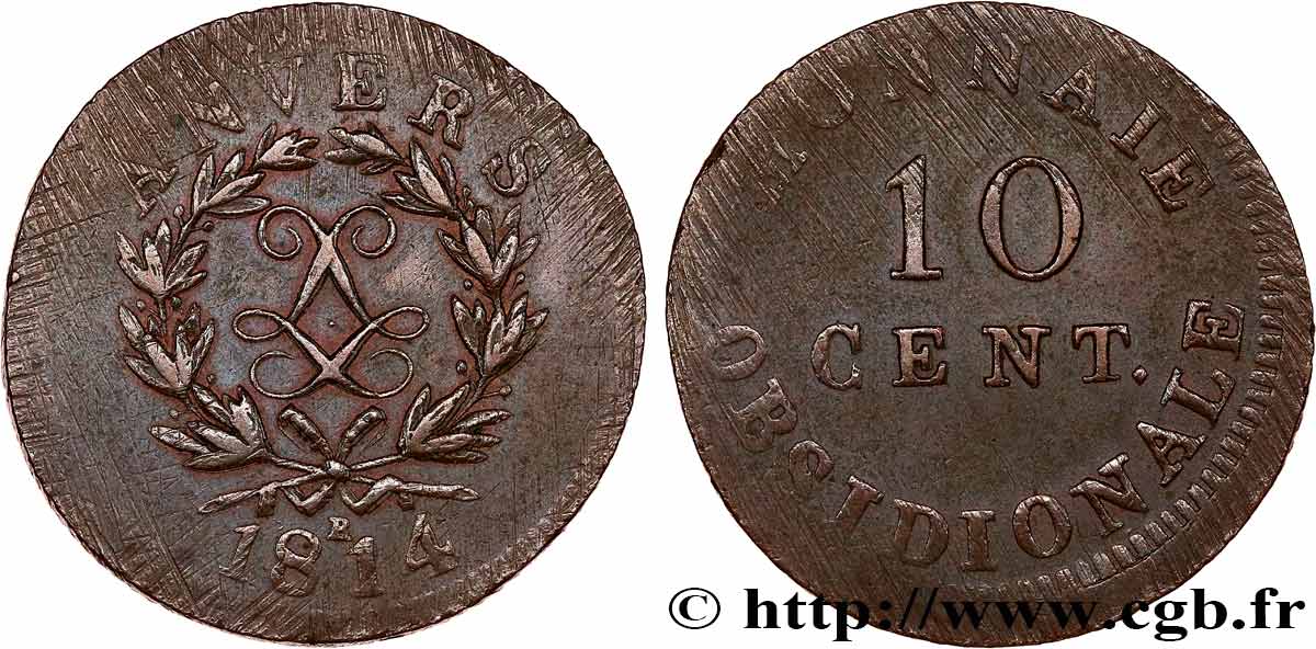 10 cent. Anvers au double L, frappe de l’atelier de Wolschot 1814 Anvers F.130C/2 BB 
