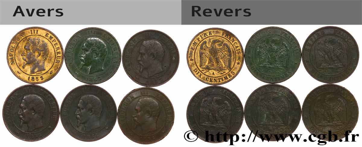 Lot de six pièces de Dix centimes Napoléon III, tête nue n.d. s.l. F.133/2 BC/MBC 