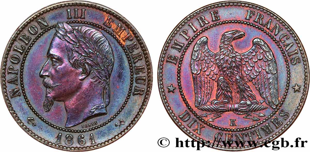 Dix Centimes Napoléon tête laurée 1861 Bordeaux F.134/6 AU 