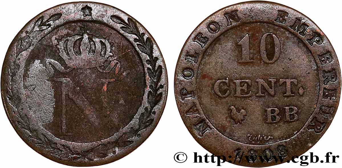 Faux de 10 cent. à l&nbsp;N couronnée 1808 Strasbourg F.130/4 var. MBC/RC+ 