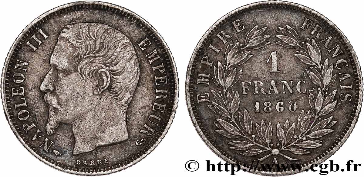 1 franc Napoléon III, tête nue 1860 Paris F.214/14 BC+ 