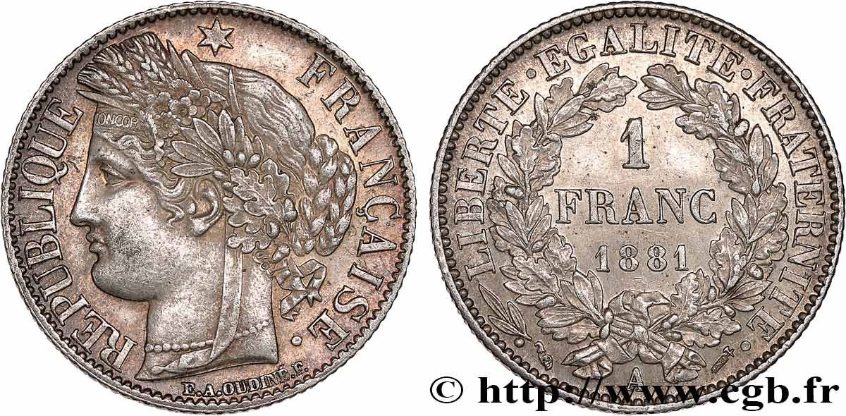 1 franc Cérès, Troisième République 1881 Paris F.216/8 AU58 