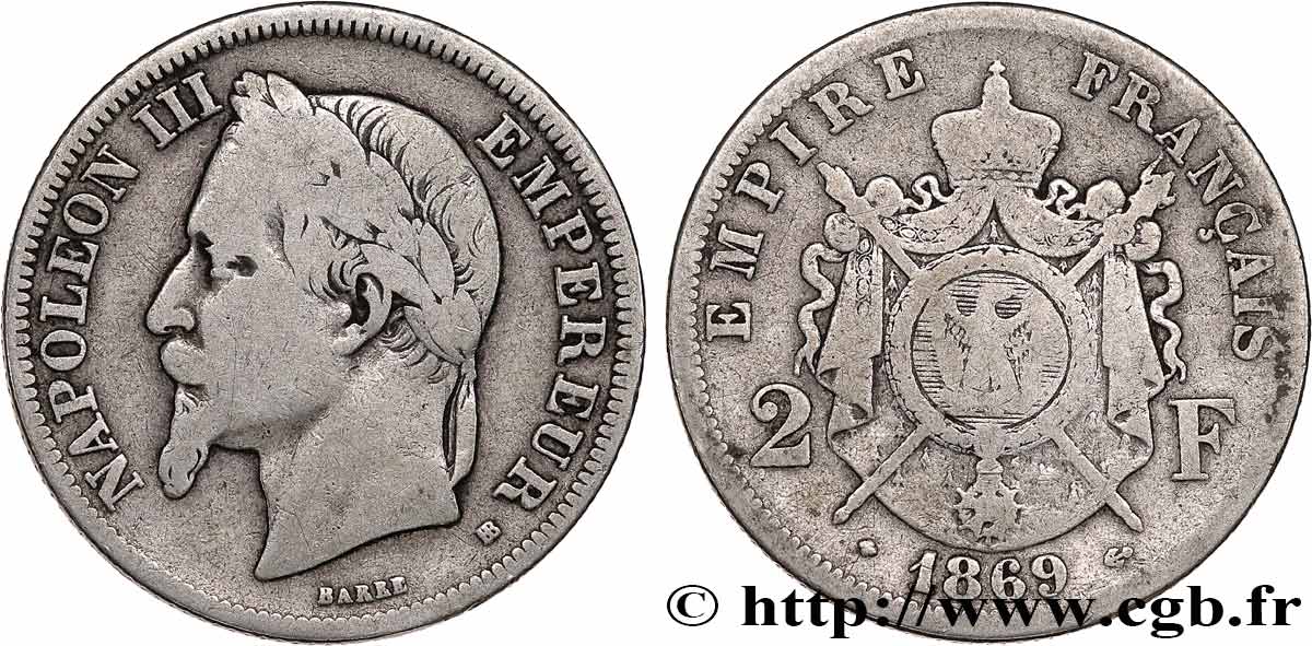 2 francs Napoléon III, tête laurée 1869 Strasbourg F.263/11 MB15 