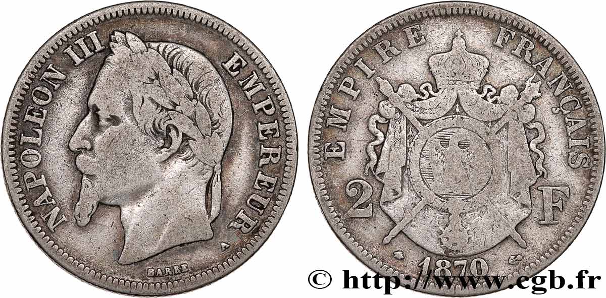 2 francs Napoléon III, tête laurée 1870 Paris F.263/11 MB15 