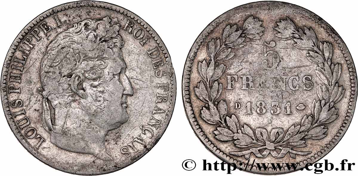 5 francs Ier type Domard, tranche en creux 1831 Lyon F.319/2 S 